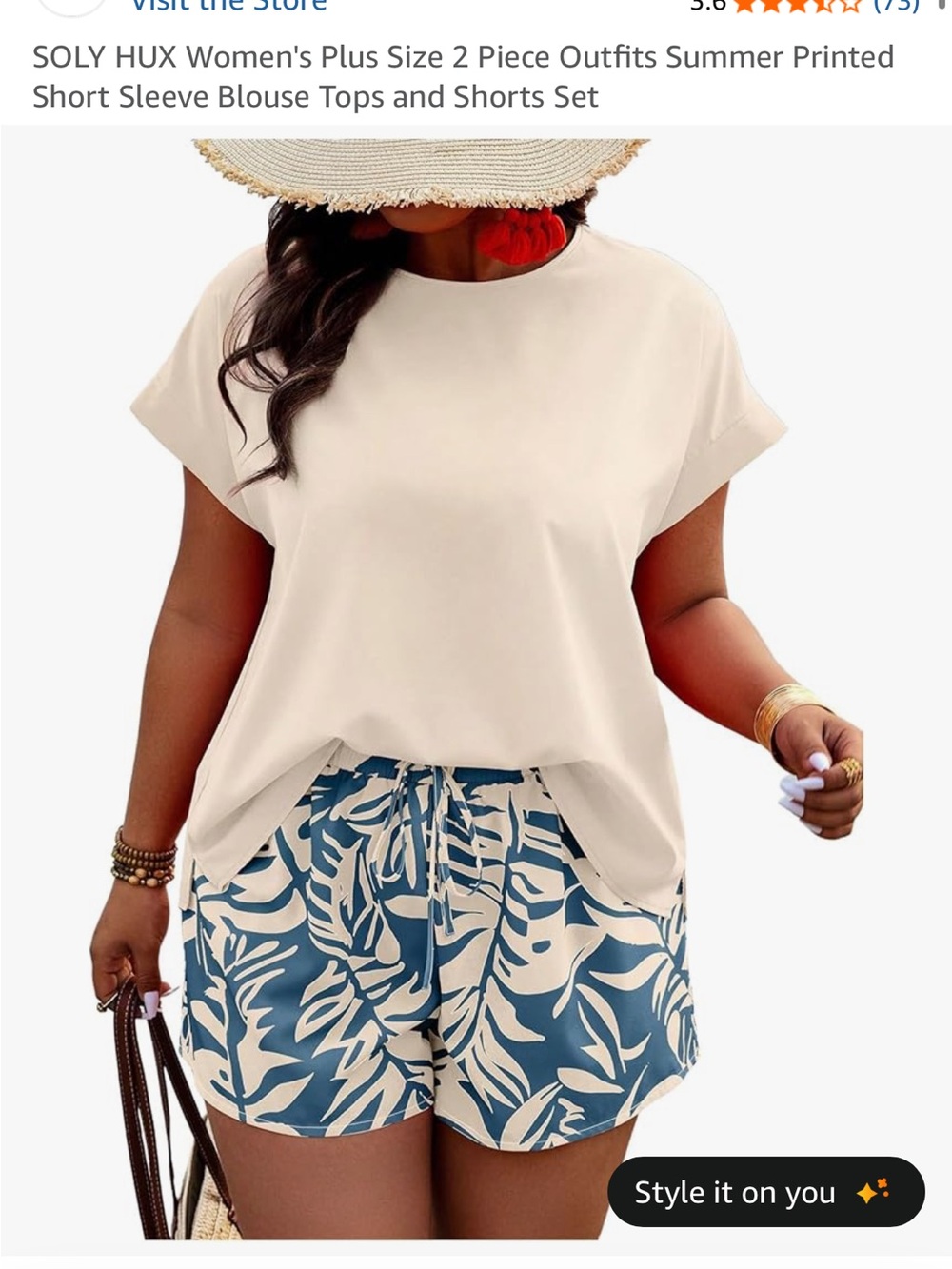 Amazon Cream Short Sleeve Women's Tee with Blue Leaf Print Shorts